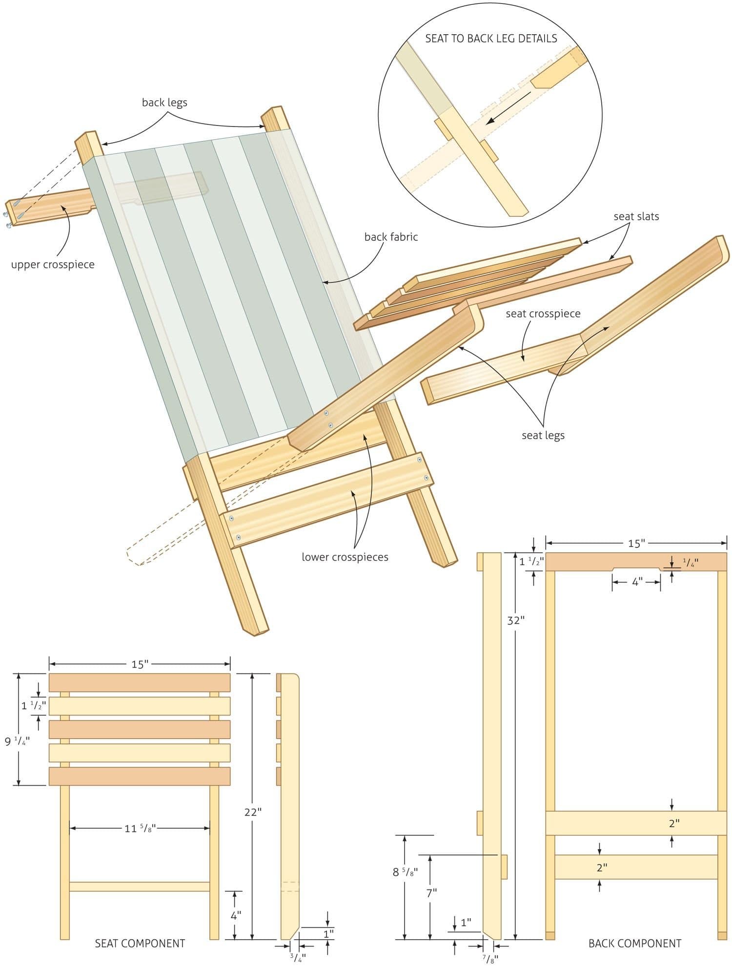 Beach chair construction blueprint showing detailed measurements and assembly