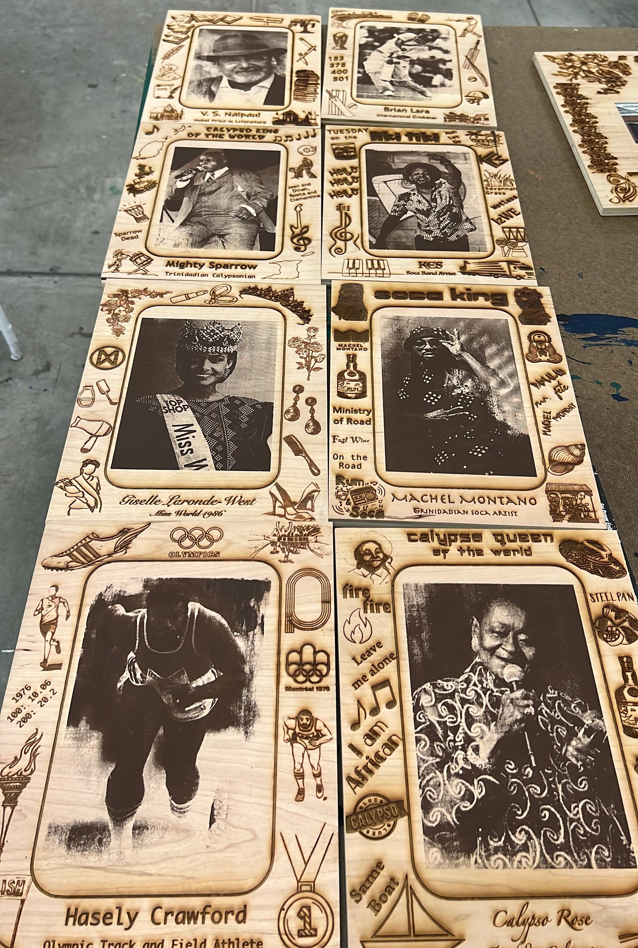 Completed portrait frames with silkscreen printed portraits of Trinidad and Tobago cultural icons