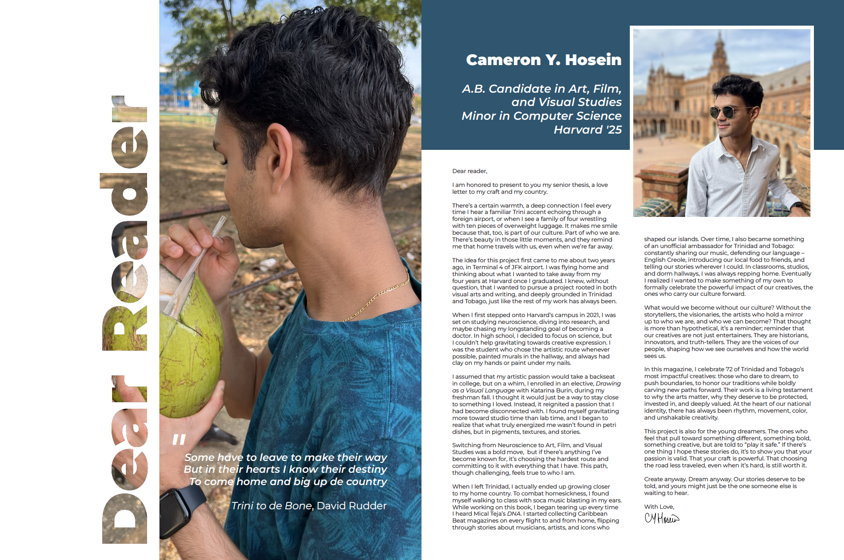 Artist statement page from Dis Is We People magazine featuring Cameron's personal letter and David Rudder quote